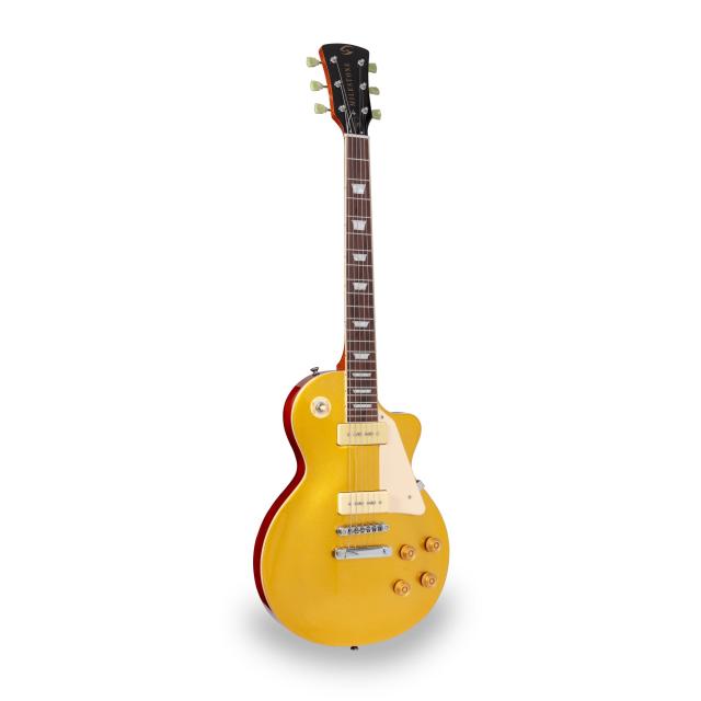 Arch top cutaway electric guitar with P-90 style humbuckers and set-in neck