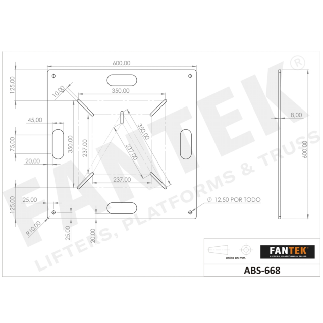 600 x 600 x 8 mm Rectangular Base for Truss with Slotted Holes Black (F70ABS668)