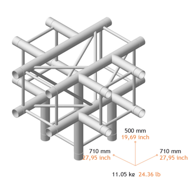 Angolo di Giunzione a Croce a 5 vie per Truss Quadrata con Lato da 29 cm (29CXBP)