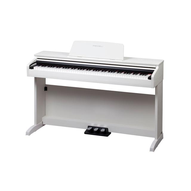 Upright digital piano with 88-Keys "Hammer Action" keyboard and white satin finish. 