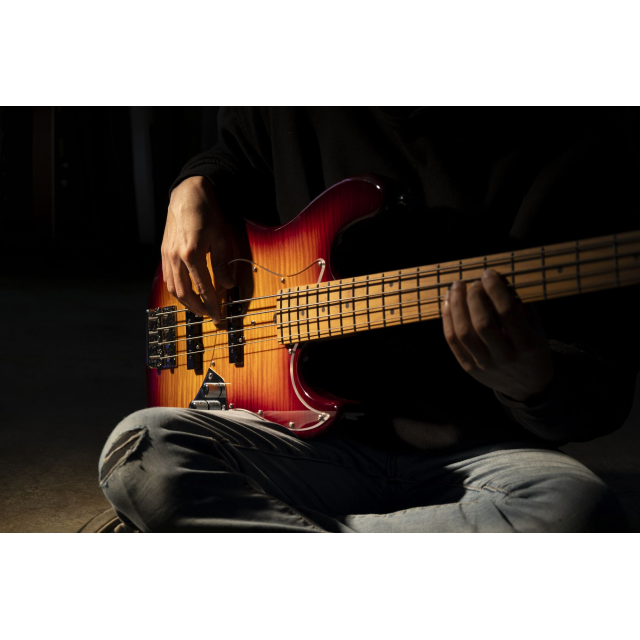 Basso elettrico con top fiammato, manico e tastiera in acero roasted (5 corde)