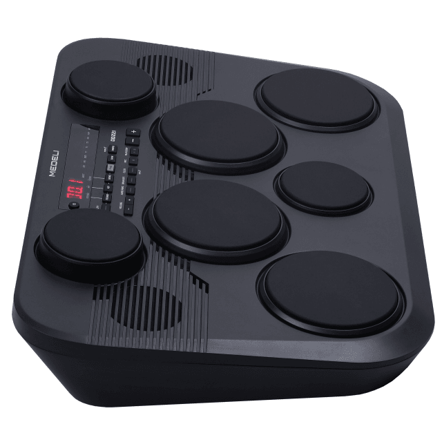 Portable drum kit with 7 touch-sensitive pads and 2 pedals