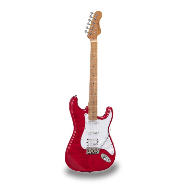 Double cutaway electric guitar with 2 single coils + splittable humbucker and self-locking tuners (Wilkinson equipped, roasted maple neck+fretboard, flamed top)