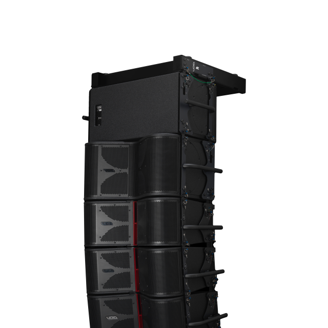 Modulo line array attivo a due vie, tre vie acustiche, con doppio driver da 8” caricato a tromba