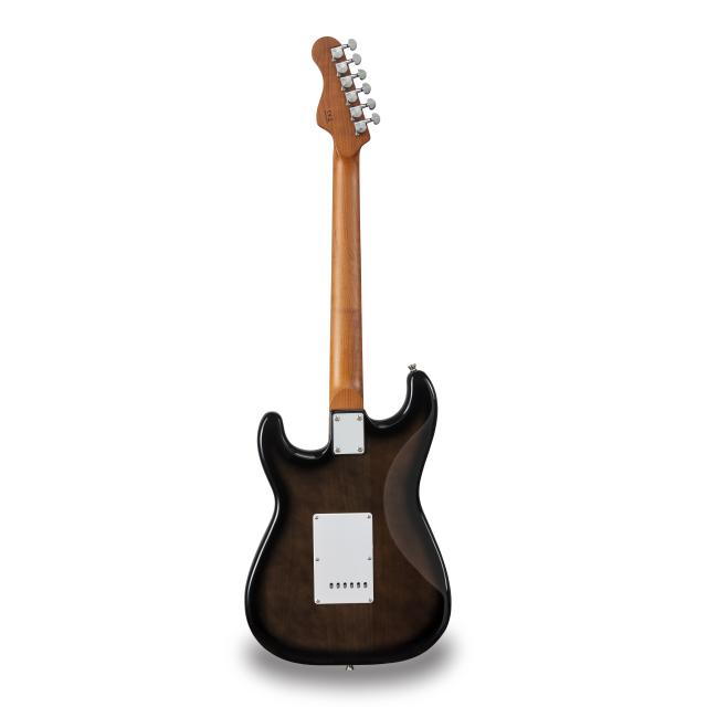 Chitarra elettrica double cutaway con 2 single coil + humbucker splittabile e meccaniche autobloccanti (equipaggiata Wilkinson, tastiera e manico in acero roasted, top fiammato)