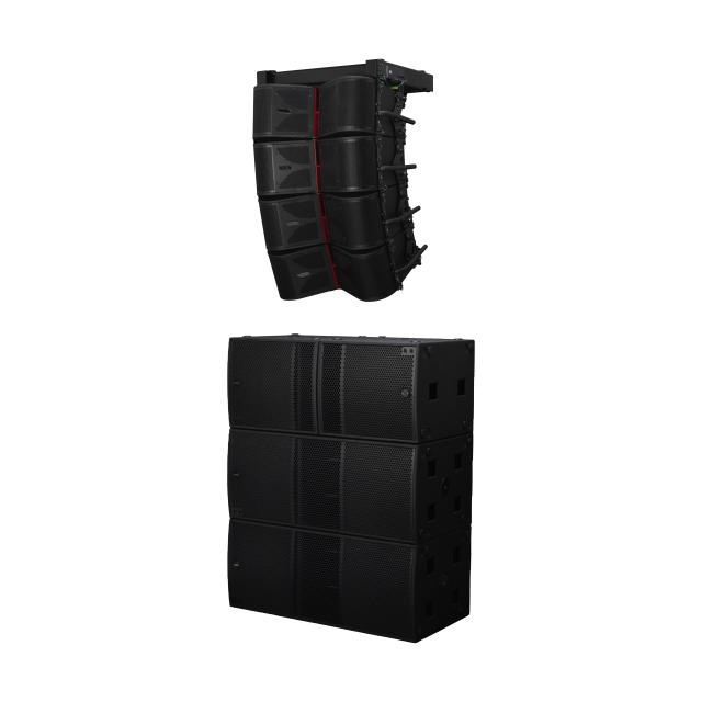 Two-way active, three-way acoustic line array module with dual 8” horn-loaded drivers