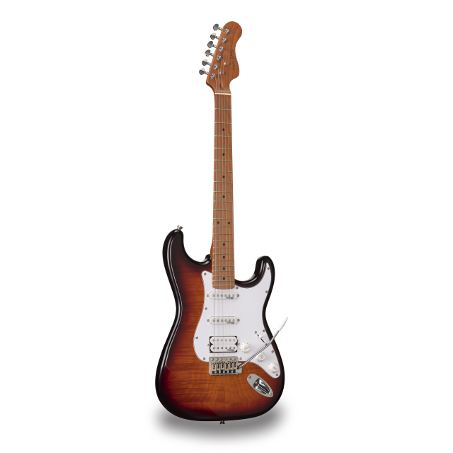 Double cutaway electric guitar with 2 single coils + splittable humbucker and self-locking tuners (Wilkinson equipped, roasted maple neck+fretboard, flamed top)