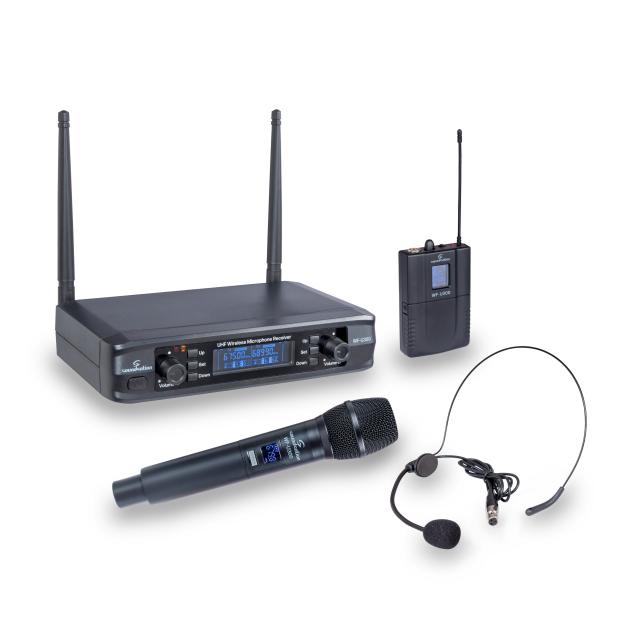 Sistema wireless compatto UHF doppio a 300 canali con 1 microfono palmare e 1 bodyback A1 (520-550 MHz)