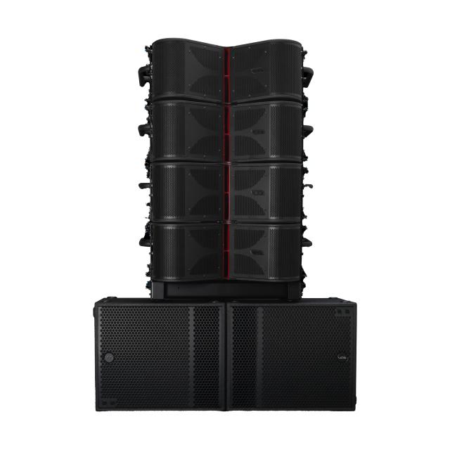 Two-way active, three-way acoustic line array module with dual 8” horn-loaded drivers