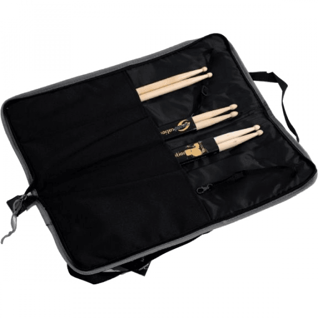 Padded drumsticks bag featuring adjustable strap and pocket