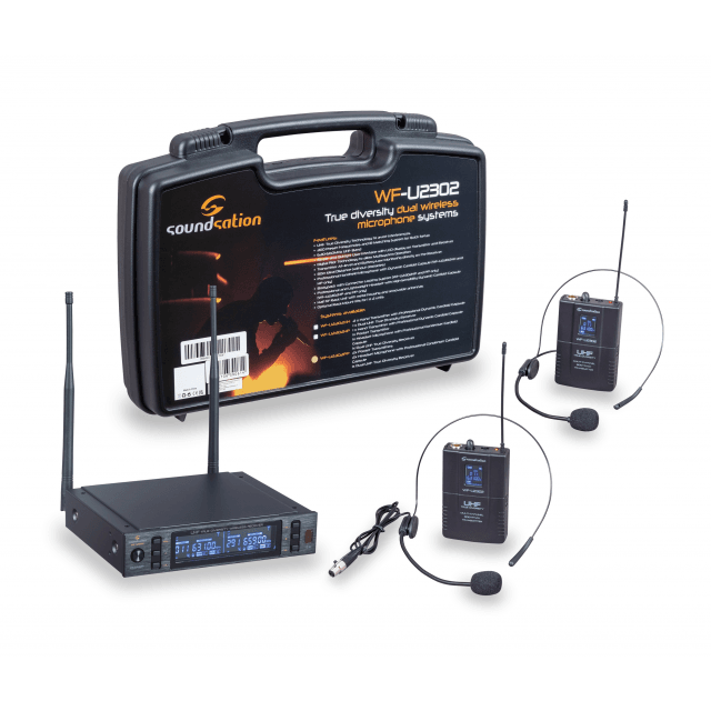True Diversity Dual Wireless Microphone System with 2 bodypack transmitters and headset microphones 630-660MHz
