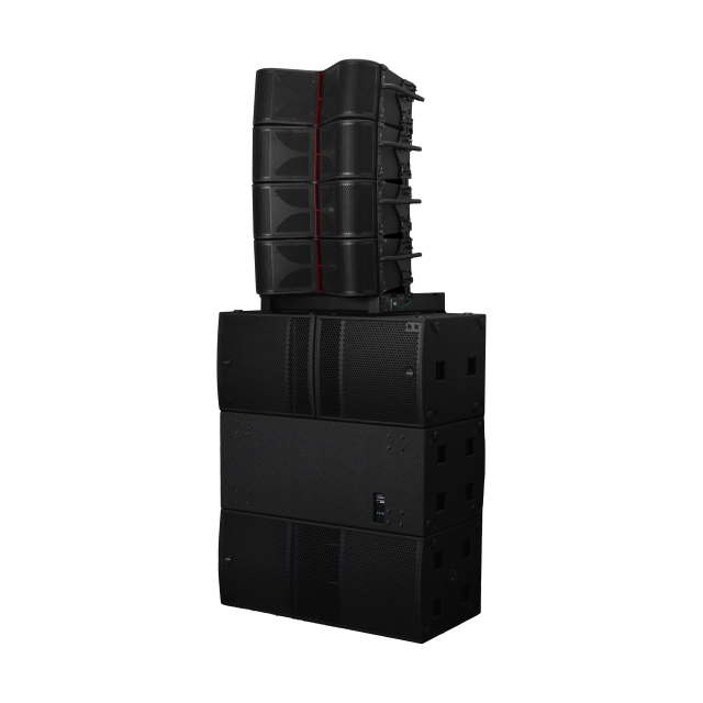Modulo line array attivo a due vie, tre vie acustiche, con doppio driver da 8” caricato a tromba