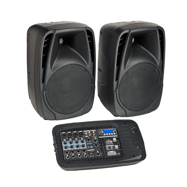 2x100W Portable PA System with active mixer and two passive 2-Way Speakers