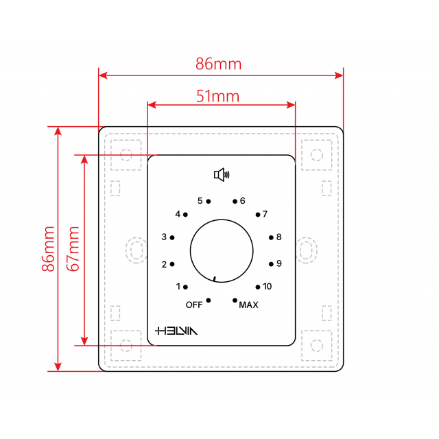 10W Volume attenuator for 70-100V speakers, 11 positions + Off,  with auxiliary line and 24V alarm control