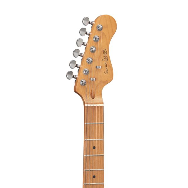 Double cutaway electric guitar with 2 single coils + splittable humbucker and self-locking tuners (Wilkinson equipped, roasted maple neck+fretboard, flamed top)