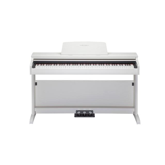 Upright digital piano with 88-Keys "Hammer Action" keyboard and white satin finish. 