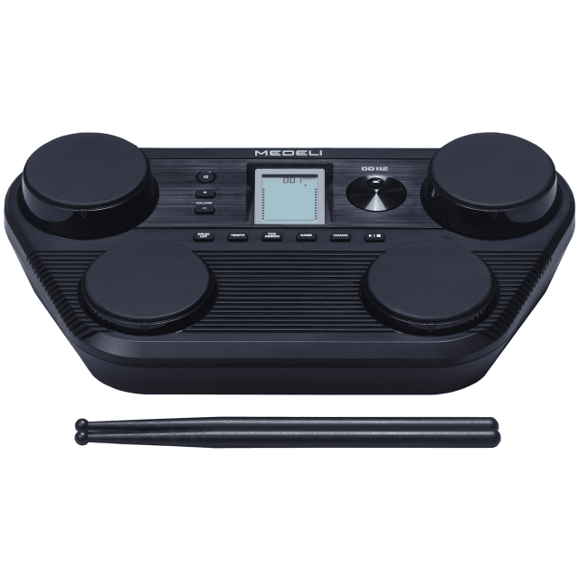 Portable Electronic Drumkit with 4 pads, flashing indicators and touch sensitivity.
