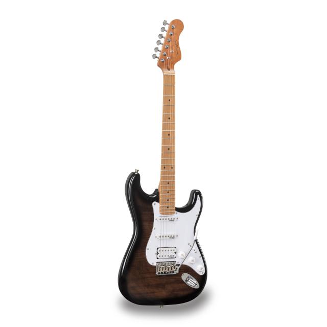Double cutaway electric guitar with 2 single coils + splittable humbucker and self-locking tuners (Wilkinson equipped, roasted maple neck+fretboard, flamed top)
