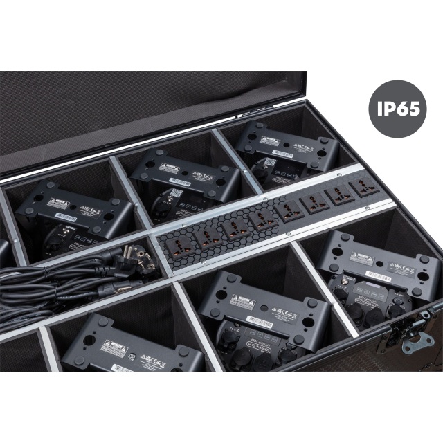Set 8 fari IP56 a batteria 6x20W in flight case con ricarica integrata