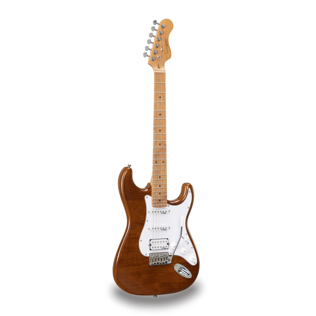 Double cutaway electric guitar with 2 single coils + splittable humbucker and self-locking tuners (Wilkinson equipped, roasted maple neck+fretboard, flamed top)