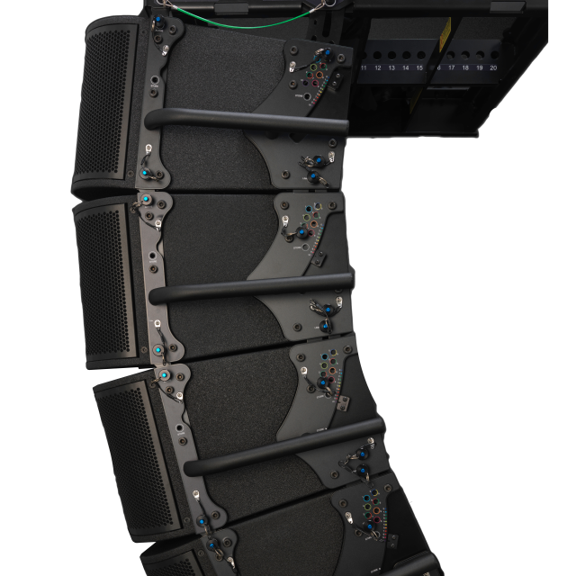 Modulo line array attivo a due vie, tre vie acustiche, con doppio driver da 8” caricato a tromba
