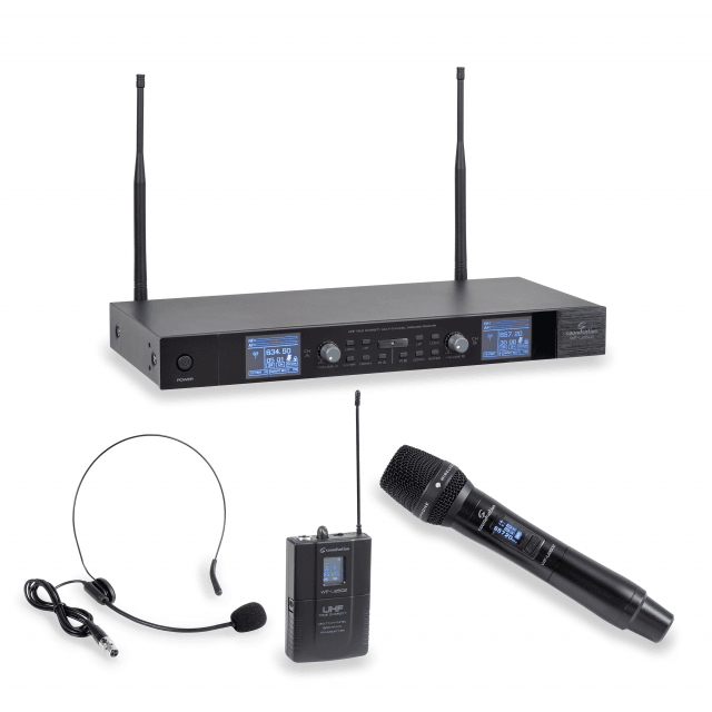UHF True Diversity Dual Multi-Channel Wireless Microphone System 630-660MHz with 1 handheld microphone, 1 bodypack and 1 headset mic.