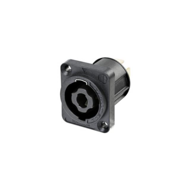 4 pole chassis speakON connector, black D-size flange, 3/16" flat tabs - Male