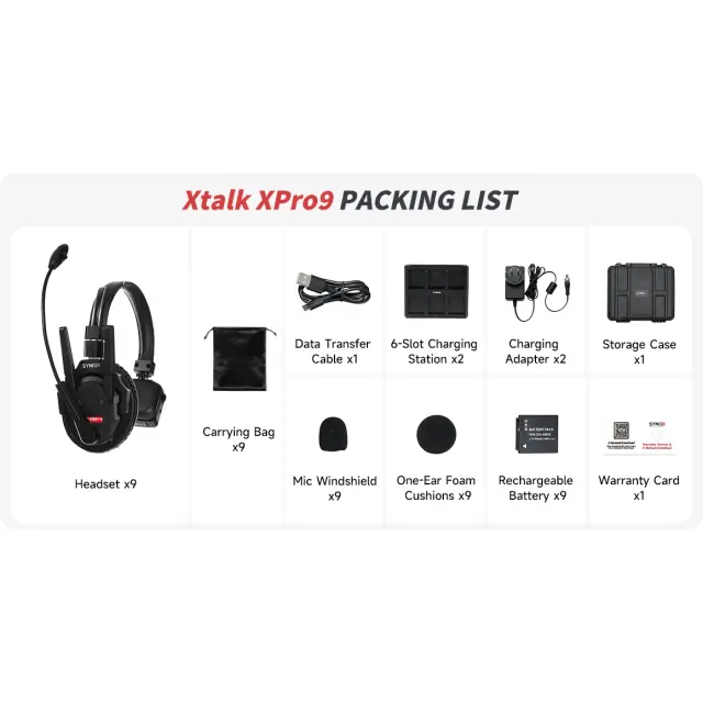 (9x unit, single-ear) 2-Way Intercom Headset Communication System, 500m Transmission Range