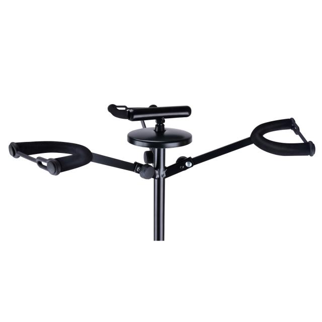 Universal triple guitar and bass stand with height adjustment and safety strap