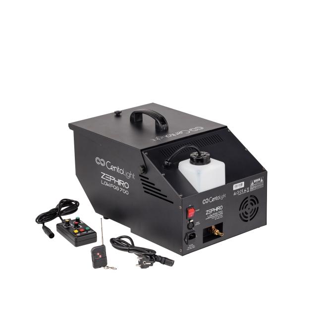 Compact machine for ground fog effect with wired and wireless controllers.