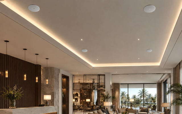 HELVIA Serie ONDA-B: diffusori da soffitto con bass-reflex anteriore e installazione smart