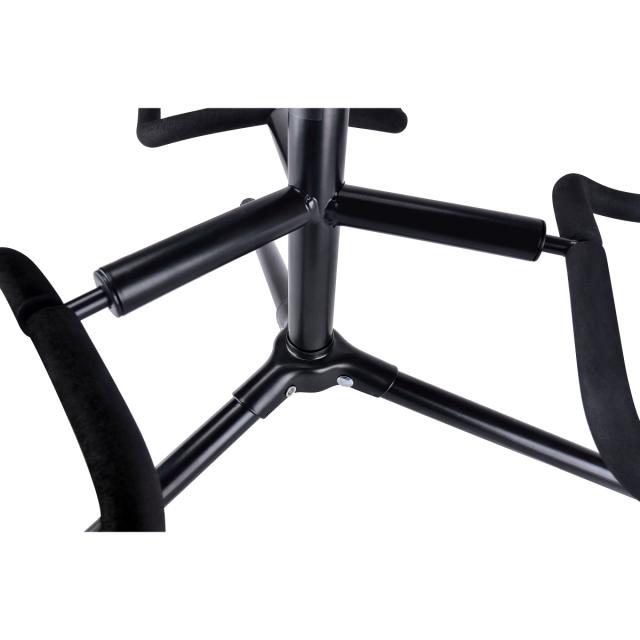 Universal triple guitar and bass stand with height adjustment and safety strap