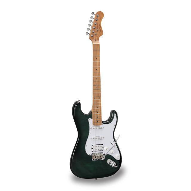 Double cutaway electric guitar with 2 single coils + splittable humbucker and self-locking tuners (Wilkinson equipped, roasted maple neck+fretboard, flamed top)