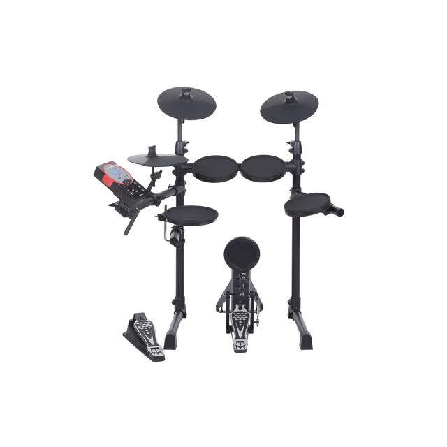 Compact, foldable Electronic Drum Set with elegant design and 10" 2-Zone Snare Pad and expandability to 2 Crash and 4 Tom.