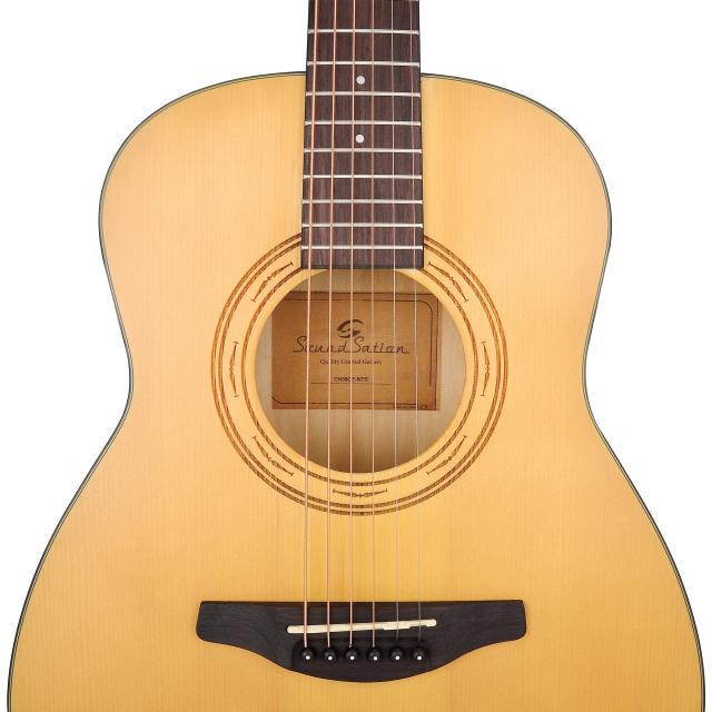 Compact Acoustic guitar featuring solid spruce top, engraved rosette and preamp