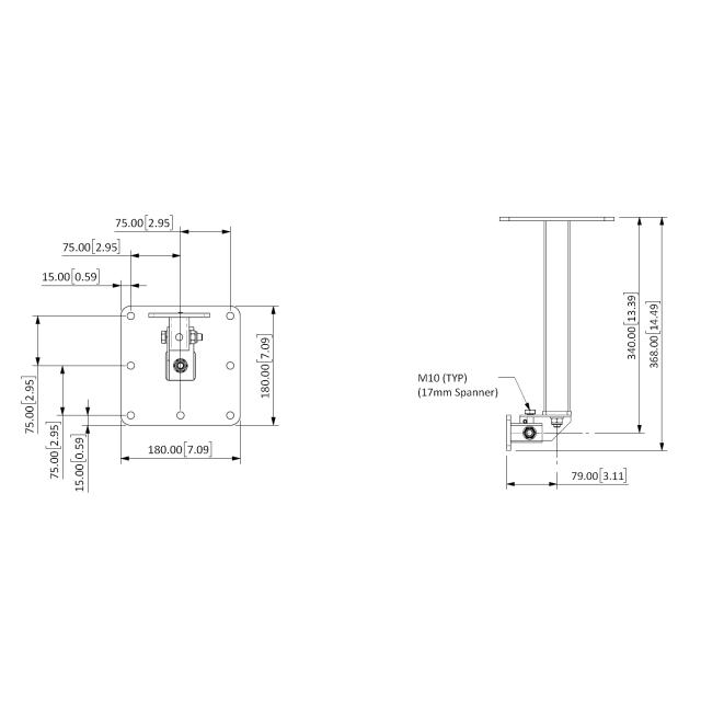 Supporto da soffitto T51 per le serie Air e Cyclone, lunghezza: 350mm Nero