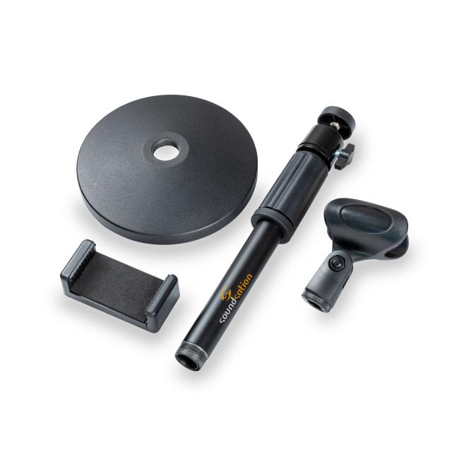 Tabletop webcast stand for microphone and smartphone