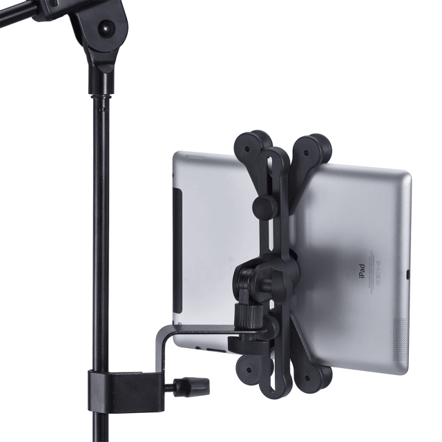 Universal tablet holder with stand attachment clamp