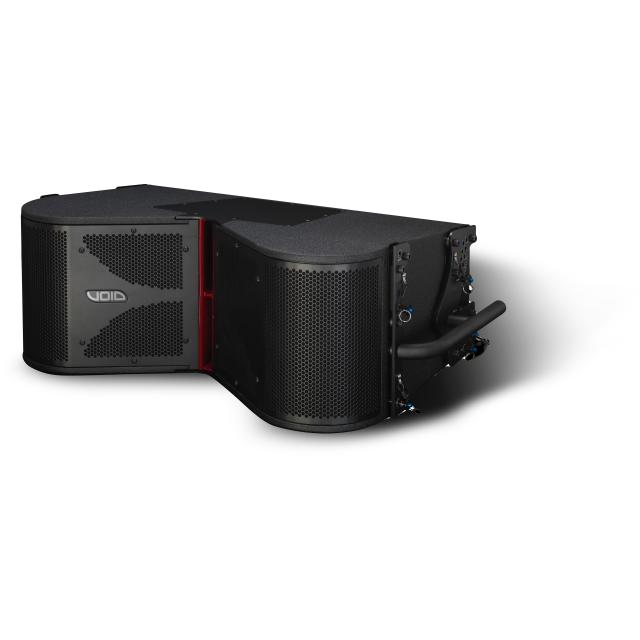 Modulo line array attivo a due vie, tre vie acustiche, con doppio driver da 8” caricato a tromba