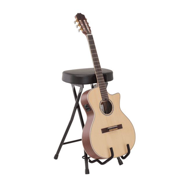 Guitarist stool with integrated guitar stand