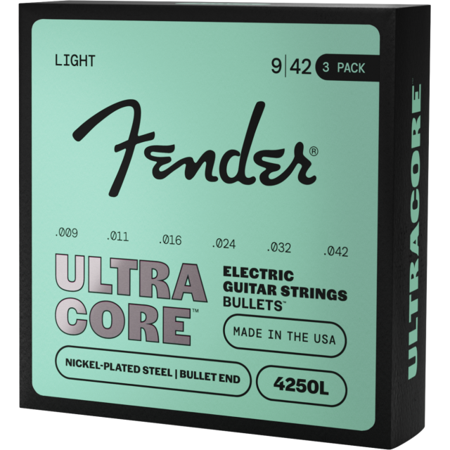 Pacco da 3 Mute Fender Ultracore™ Bullets™ 420R Guitar Strings, Nickel-Plated Steel, Bullet End, Gauges .009-.042 0733250603