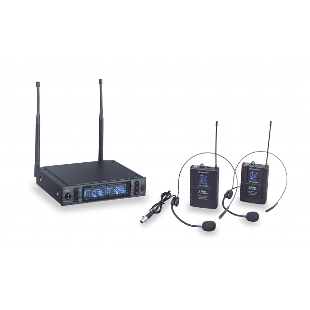 True Diversity Dual Wireless Microphone System with 2 bodypack transmitters and headset microphones 630-660MHz
