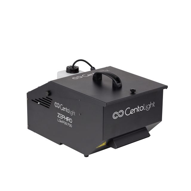 Compact machine for ground fog effect with wired and wireless controllers.