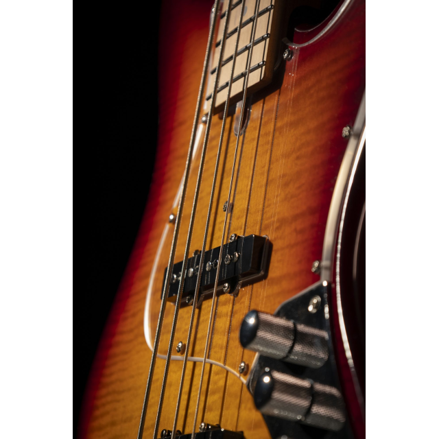 Basso elettrico con top fiammato, manico e tastiera in acero roasted (5 corde)