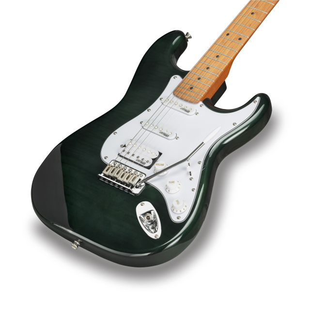 Chitarra elettrica double cutaway con 2 single coil + humbucker splittabile e meccaniche autobloccanti (equipaggiata Wilkinson, tastiera e manico in acero roasted, top fiammato)