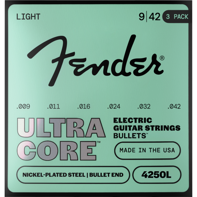 Pacco da 3 Mute Fender Ultracore™ Bullets™ 420R Guitar Strings, Nickel-Plated Steel, Bullet End, Gauges .009-.042 0733250603