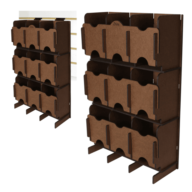 Espositore in legno da muro per corde da basso