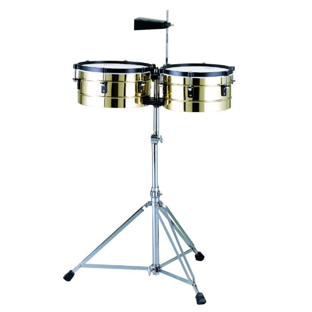 Brass timbales set with cowbell and stand