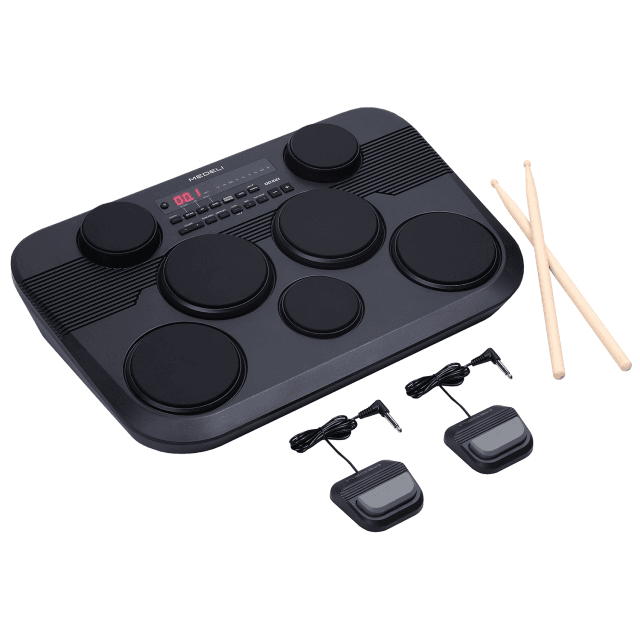 Portable drum kit with 7 touch-sensitive pads and 2 pedals