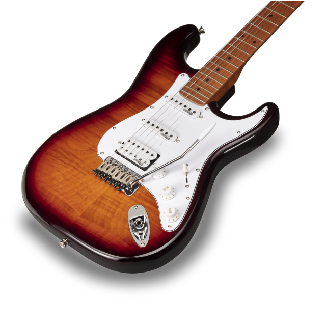 Double cutaway electric guitar with 2 single coils + splittable humbucker and self-locking tuners (Wilkinson equipped, roasted maple neck+fretboard, flamed top)